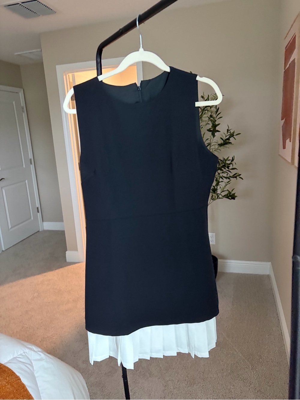NWT Commense Black Sleeveless Dress with White Pleated Hem